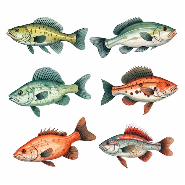 Eine Nahaufnahme von vier verschiedenen Fischarten auf weißem Hintergrund