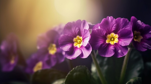 Eine Nahaufnahme von violetten Primeln mit gelber Mitte