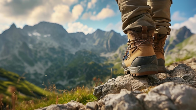 Eine Nahaufnahme von Wandererstiefeln auf einem zerklüfteten Bergweg mit der landschaftlichen Schönheit der Berge im Hintergrund, die die Essenz eines aufregenden Wanderabenteuers und der majestätischen KI-Generation erfassen.