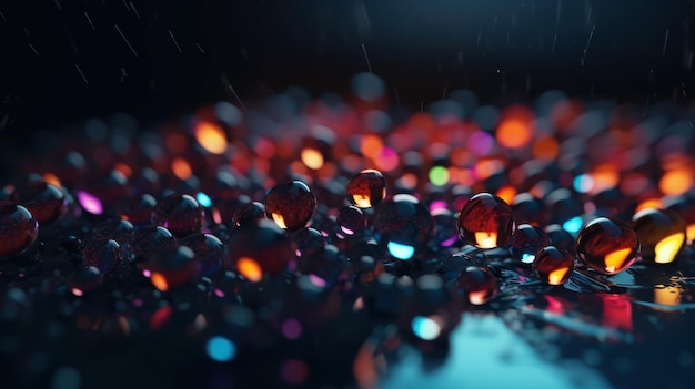 Eine Nahaufnahme von Wassertröpfchen auf einer schwarzen Oberfläche mit einem bunten Regenbogen im Hintergrund.
