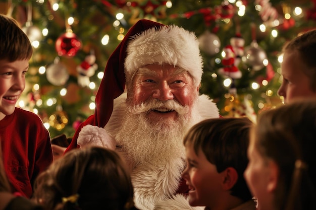 Eine Nahaufnahme von Weihnachtsmann umgeben von glücklichen Kindergesichtern