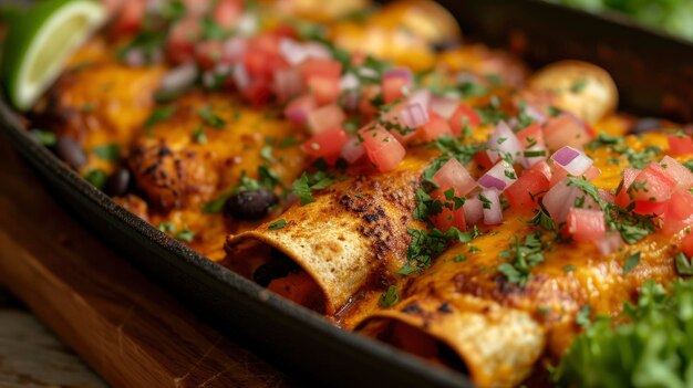 Eine Nahaufnahme von wunderschön angeordneten Süßkartoffel- und Schwarzbohnen-Enchiladas, die die Intrige zeigen