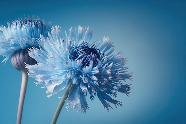 Eine Nahaufnahme von zwei blauen Blumen auf blauem Hintergrund generative KI