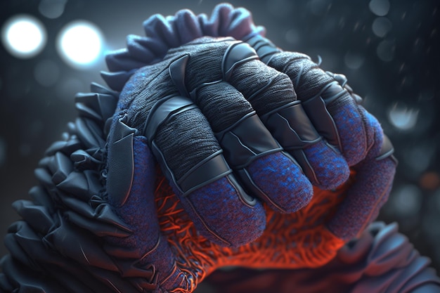 Eine Nahaufnahme von zwei Händen mit blauen und roten Fingern, die sich auf einem dunklen Hintergrund festhalten.