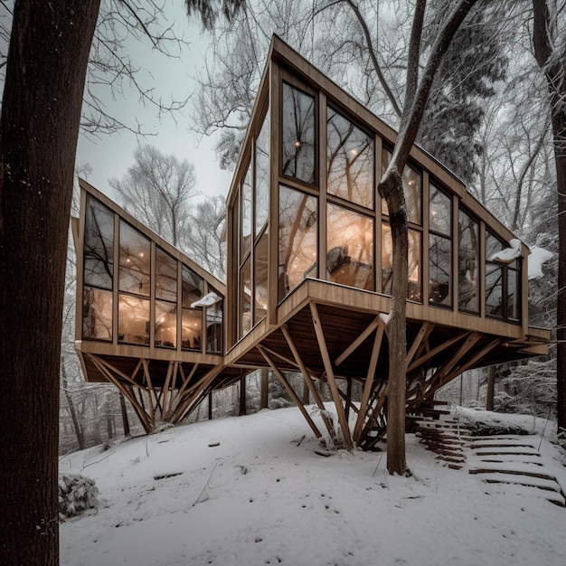 Eine Nahaufnahme von zwei Holzkonstruktionen im Schneegenerator ai