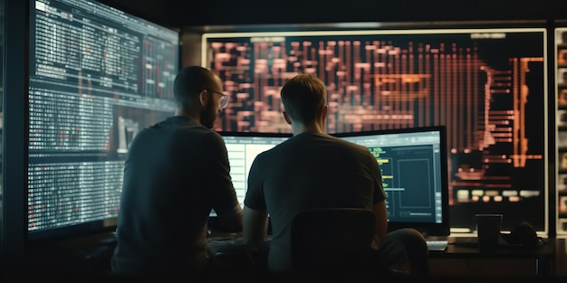 Eine Nahaufnahme von zwei Personen, die Big-Data-Analysen auf einem Computer in einem Büro durchführen, in dem Entwickler an einem neuen Projekt „Generative Ai“ arbeiten