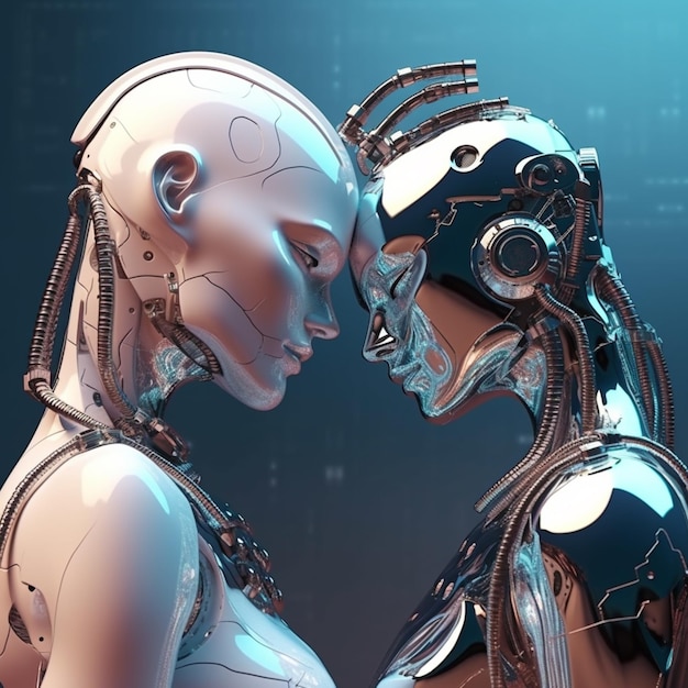 Eine Nahaufnahme von zwei Robotern, die sich mit den Köpfen, die sich berühren, gegeneinander gegenüber stehen.