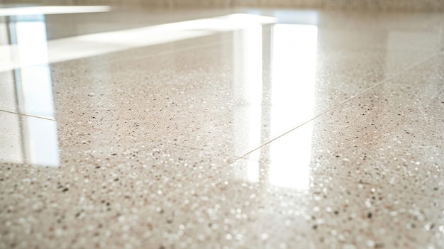 Eine Nahaufnahme zeigt die glatte, glänzende Oberfläche des Terrazzo-Bodenbodens, was auf seine Fähigkeit hindeutet
