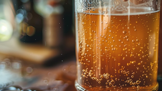 Eine Nahaufnahme zeigt die sprudelnden Blasen und den zarten Schaum eines goldenen Bieres