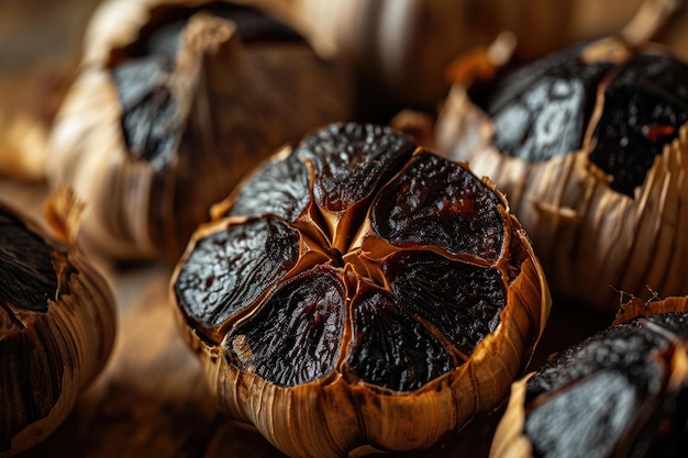 Eine Nahaufnahme zeigt halbierte schwarze Knoblauchzwiebeln mit ihrem reichen burgundischen Fleisch. Langsame Gärung verleiht diesem Gourmet-Zutat einen süßen, karamellähnlichen Geschmack