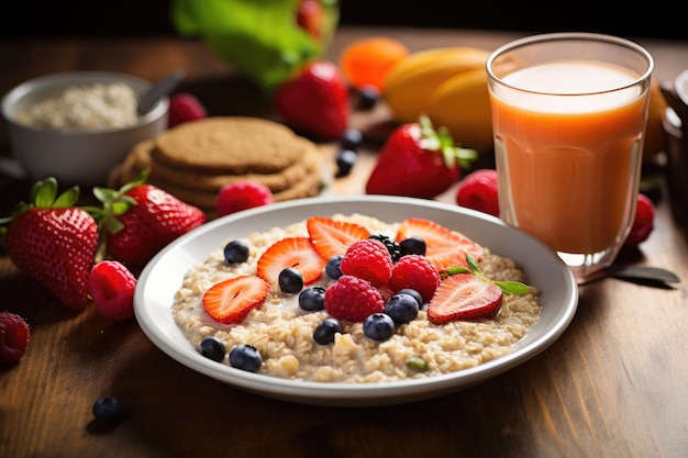 Eine nahrhafte Schüssel Hafermehl mit frischen Beeren und Erdbeeren, die neben einem Glas serviert werden, ein gesundes Frühstück mit Haffermehl, Obstbeeren und Orangensaft.