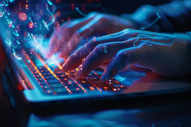 Eine nahtlose Interaktion, anmutiges Tippen auf einem modernen Laptop, das menschliche Präzision und Flüssigkeit in der Technologie zeigt