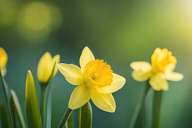 Eine Narzissenblüte ist in einem realistischen Garten zu sehen