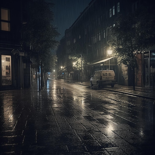 Eine nasse Straße in der Nacht mit einem im Regen geparkten Lieferwagen.