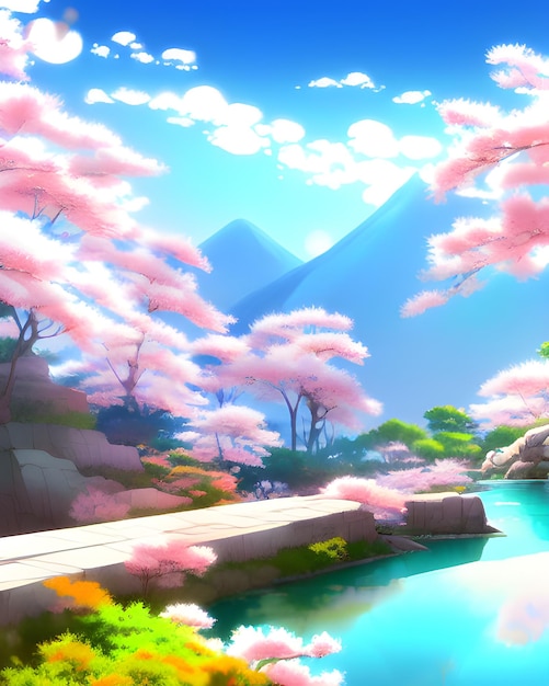 eine natürliche heiße Quelle in den Bergen, farbenfroher Anime-Filmhintergrund, Kirschblütenbaum