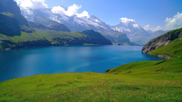 eine natürliche Szene mit dem See, grünen Seiten der Berge und blauem Wasser