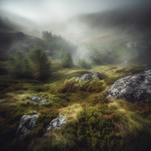 Eine neblige Landschaft mit Felsen und Bäumen im Vordergrund.