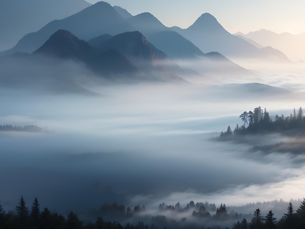 Eine neblige Morgenszene mit Nebel, der über einen ruhigen See und Berge im Hintergrund rollt