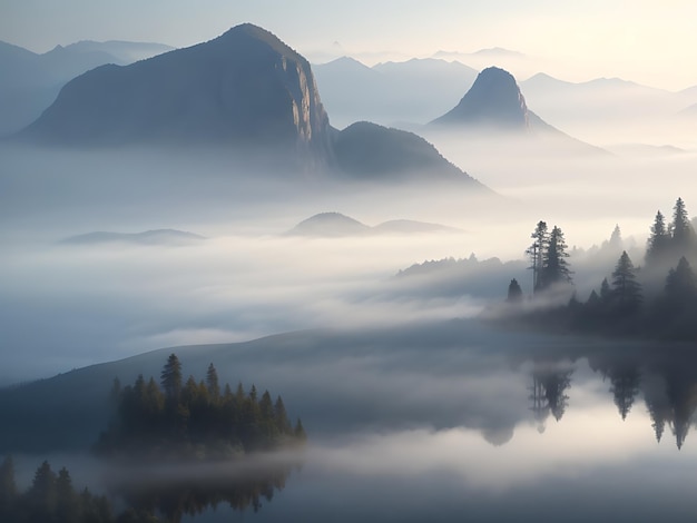 Eine neblige Morgenszene mit Nebel, der über einen ruhigen See und Berge im Hintergrund rollt