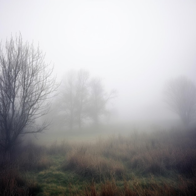 Eine neblige Szene mit Bäumen und Gras und einem Feld mit ein paar Bäumen.