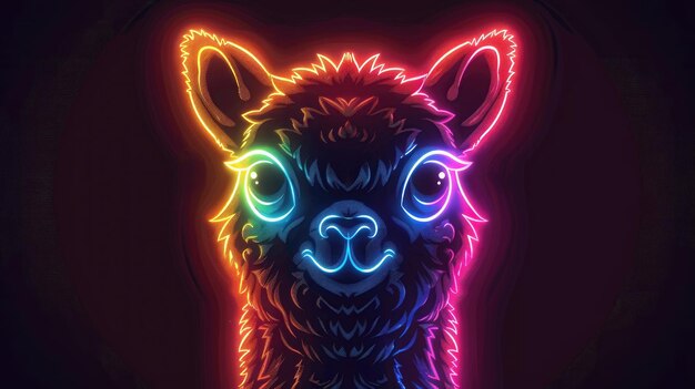 Eine Neon-Illustration eines Lama-Gesichts mit leuchtenden Farben und einem dunklen, subtilen Hintergrund