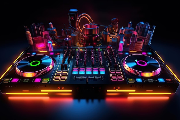 Eine neonfarbene DJ-Ausrüstung wird vor einer Stadtlandschaft gezeigt.