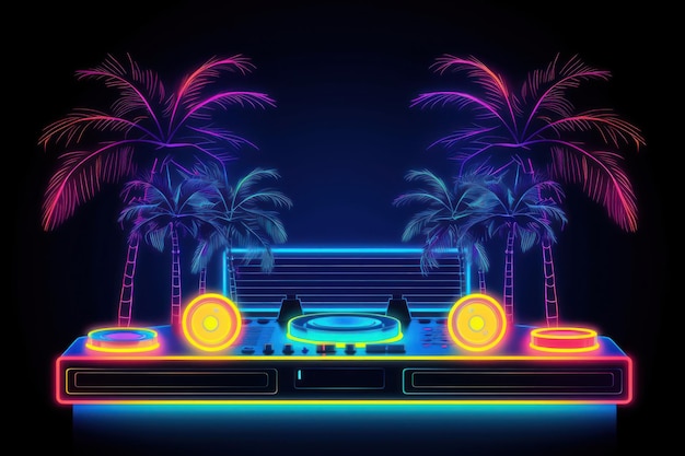 Eine neonfarbene DJ-Kabine mit Palmen im Hintergrund