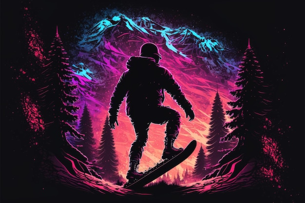 Eine Neonillustration eines Snowboarders auf einem Berghintergrund.