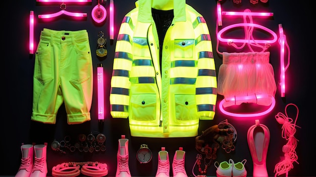 Eine Neonjacke mit hellen Neonlichtern und ein Paar Schuhe.