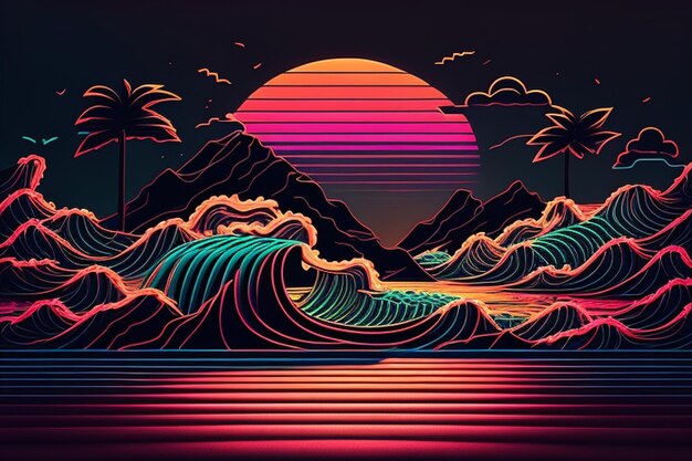 Eine Neonwelle und Berge im digitalen Retro-Hintergrund