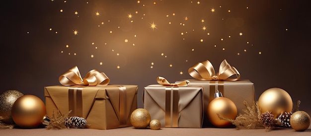 Eine Neujahrskarte mit Weihnachtsgeschenkboxen und goldenen Dekorationen auf einem khakifarbenen Hintergrund