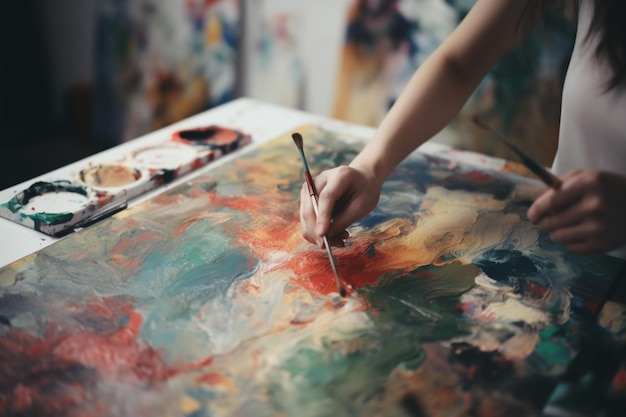 Eine nicht wiederzuerkennende Frau hält einen Pinsel in der Hand und malt in einem Kunstatelier auf einer Leinwand