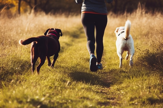 Eine nicht wiederzuerkennende Frau rennt mit ihren beiden Hunden einen grasbewachsenen Weg entlang