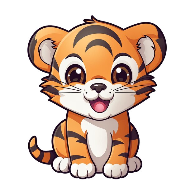 Eine niedliche Cartoon-Illustration eines sitzenden kleinen Tigers, ein Talisman für Kinder, Tierkunst, Ai Generated