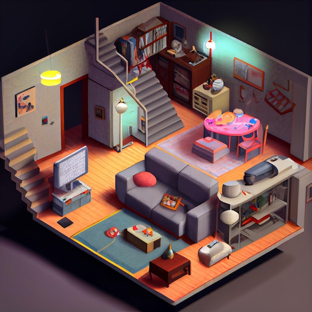 Eine niedliche isometrische Wohnzimmer-3D-Illustration