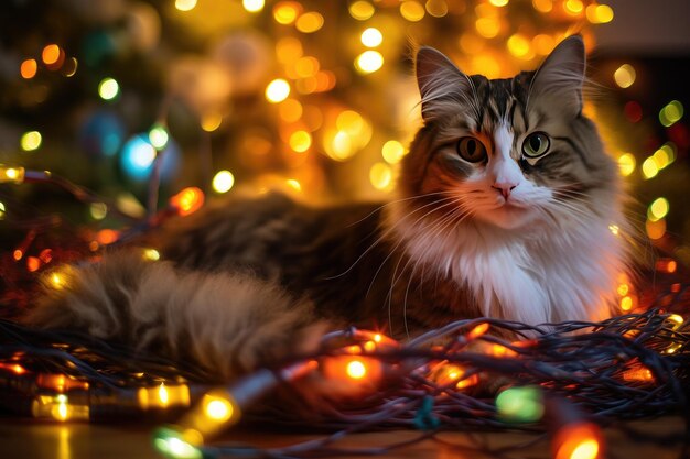 Eine niedliche Katze liegt auf einem Haufen angezündeter Neujahrsgirlanden, das Haustier verwickelt sich in bunten Weihnachtslichtern.
