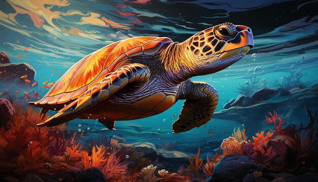 Foto eine niedliche schildkröte, die im blauen unterwassermeer schwimmt, erzeugt durch künstliche intelligenz