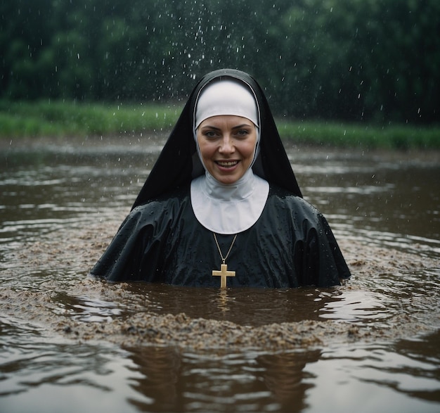 eine Nonne trägt eine schwarze Nonne im Wasser