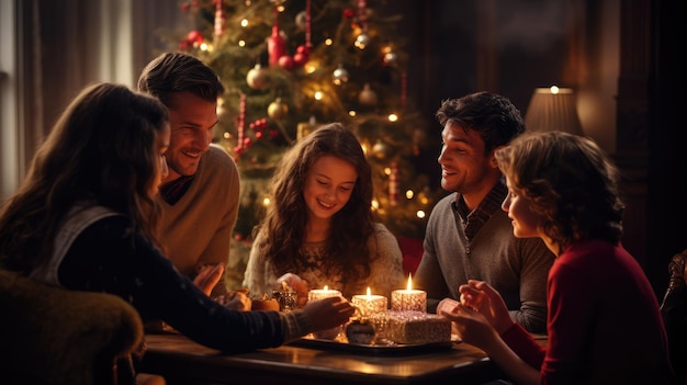 eine nostalgische Szene einer Familie, die sich um einen wunderschön geschmückten Weihnachtsbaum versammelt