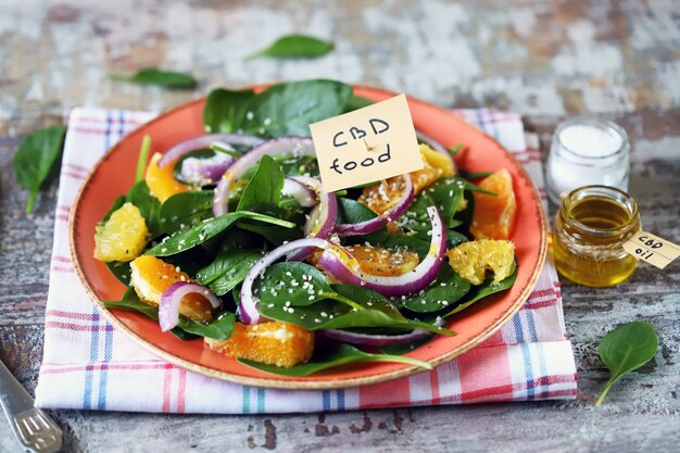 Eine Notiz mit den Worten cbd Essen in einem Teller mit Salat.