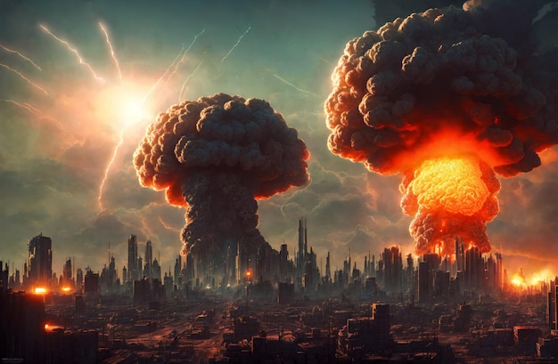 Eine nukleare Explosion einer Atombombe in der Stadt Das Konzept des Atomkriegs Generative KI