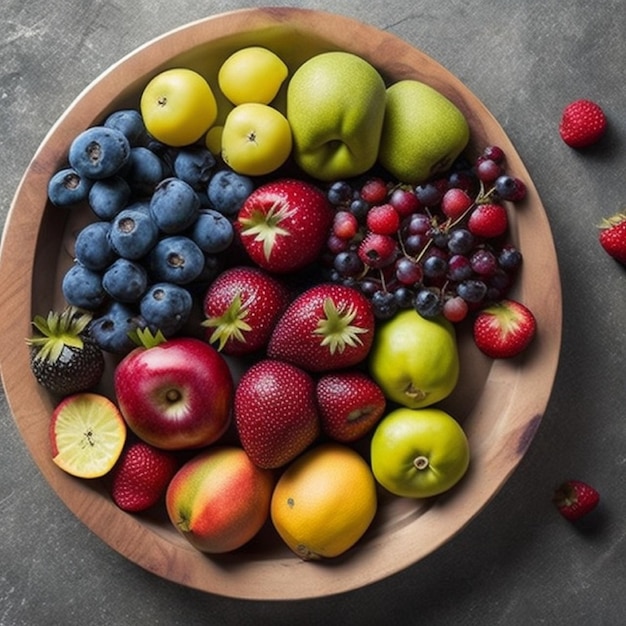 Eine Obstschale auf einem Tisch, daneben ein paar Erdbeeren.