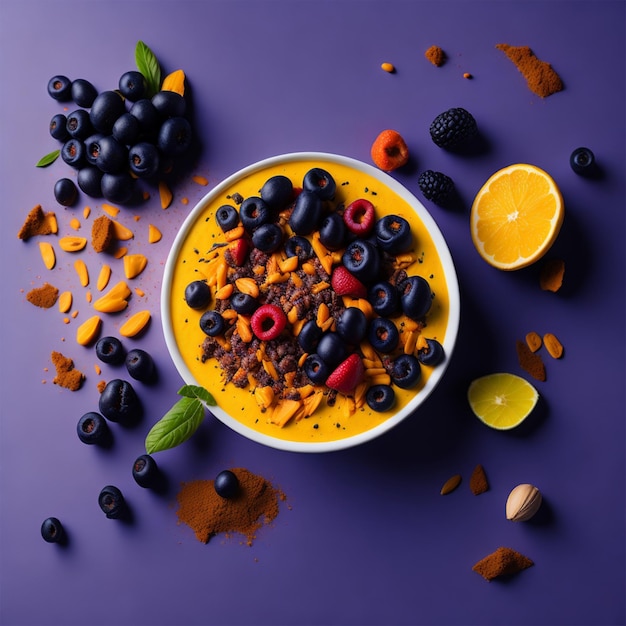 Eine Obstschale mit Blaubeeren und Orangen auf violettem Hintergrund.