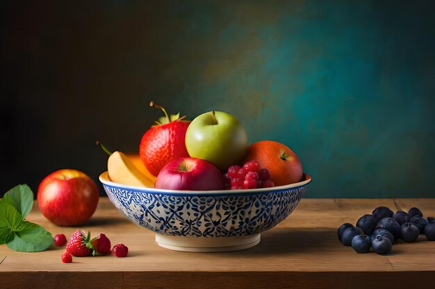 Eine Obstschale mit blauem Hintergrund und blauem Hintergrund