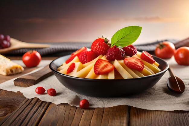 Eine Obstschale mit Erdbeeren und grünen Blättern auf einem Holztisch.