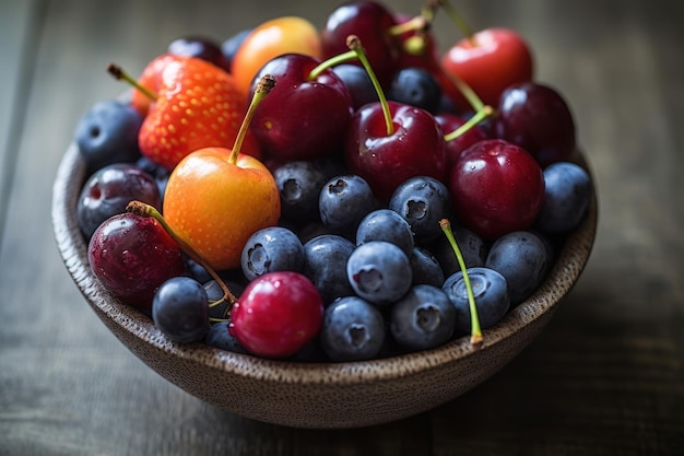 Eine Obstschale mit Heidelbeeren und Erdbeeren