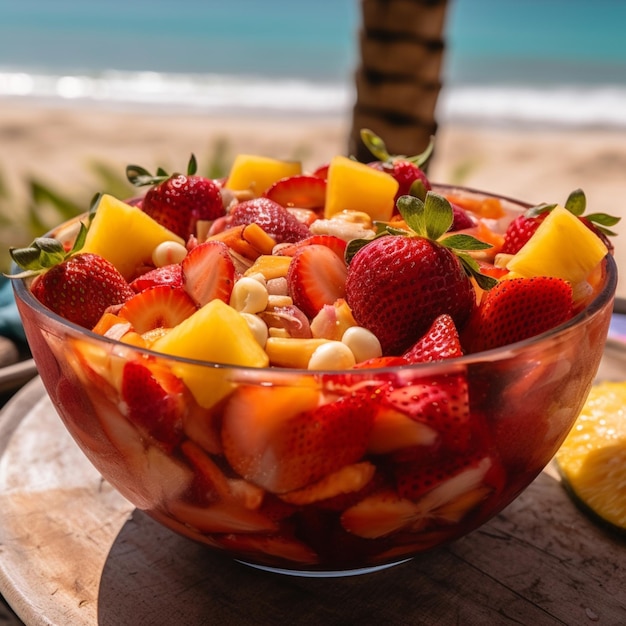 Eine Obstschale mit Nüssen und Erdbeeren auf einem Holzbrett.