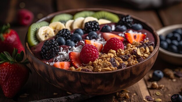 Eine Obstschale und Müsli mit verschiedenen Früchten