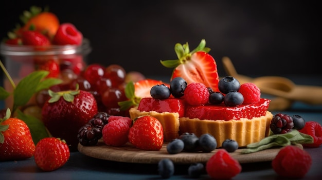 Eine Obsttorte mit einem Glas frischer Beeren