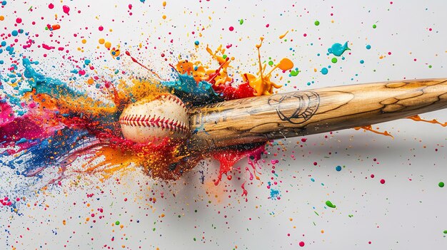 Foto eine ölkunst eines baseballschlägers, der baseball in einem sauberen weißen hintergrund schlägt, mit einem großen raum für text oder sport-typ-produkt generative ki